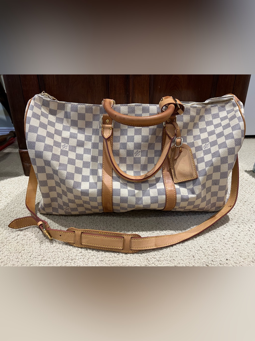 Luxury Checkered Canvas Tote Bag With Tan Leather Trim